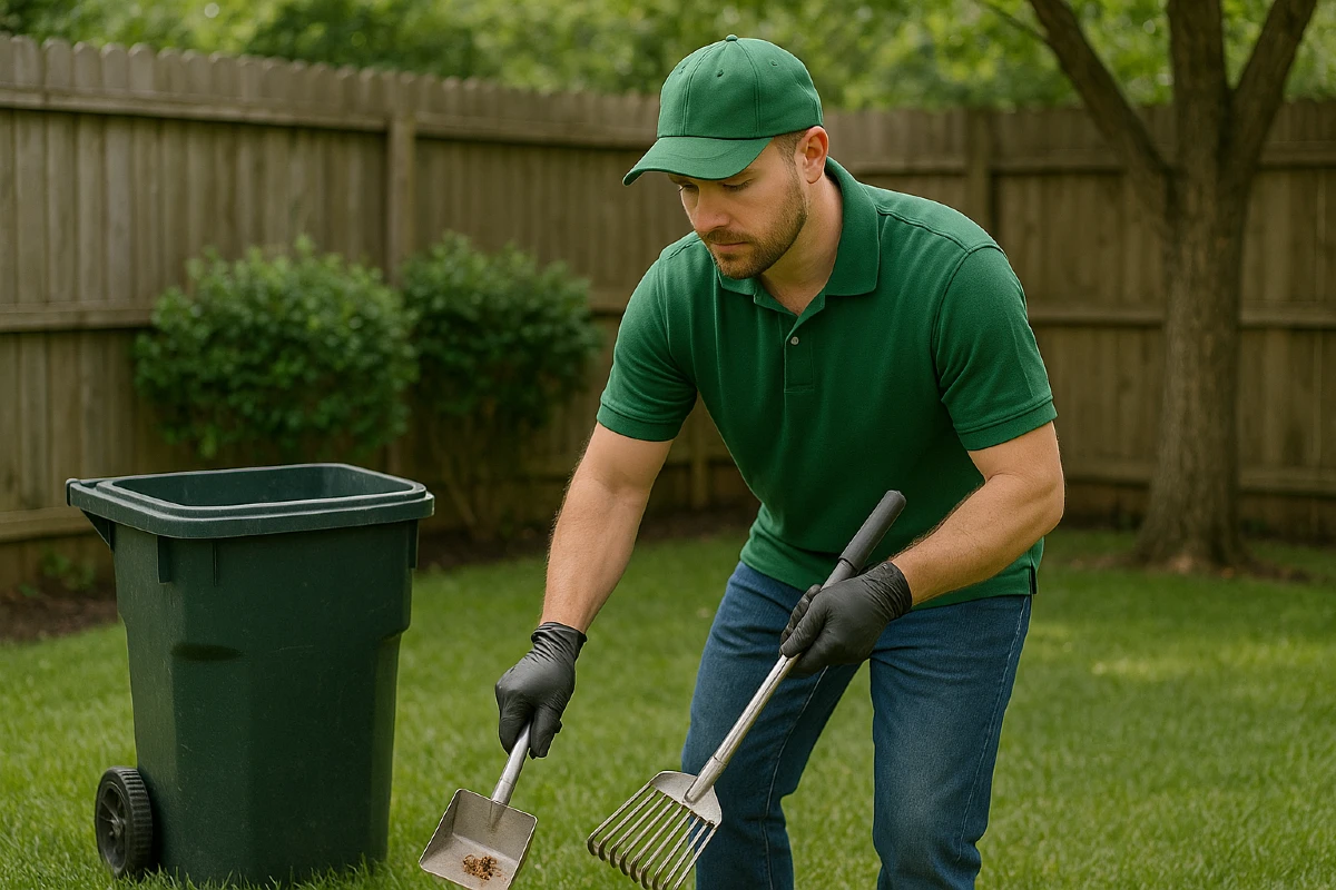 Scoop Clear technician removing dog poop in backyard in Miramar, Florida